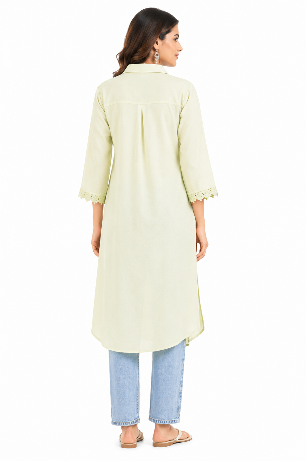 Pistachio Green Embroidered High-Low Cotton Kurta