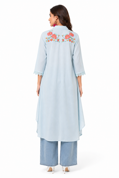 Women's Powder Blue Embroidered High-Low Kurta