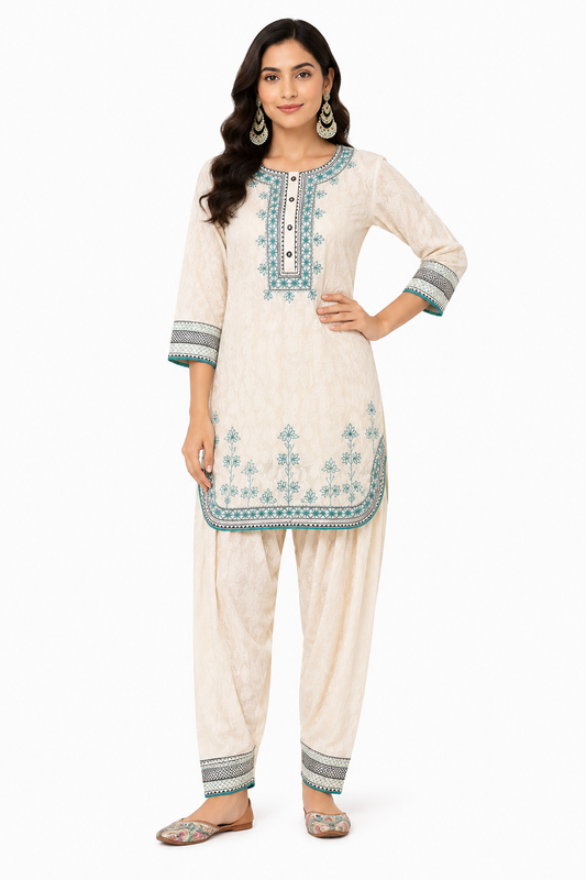 Ivory White Teal Embroidered Cotton Co-Ord Set for Women | Premium Cotton Kurta with Patiala