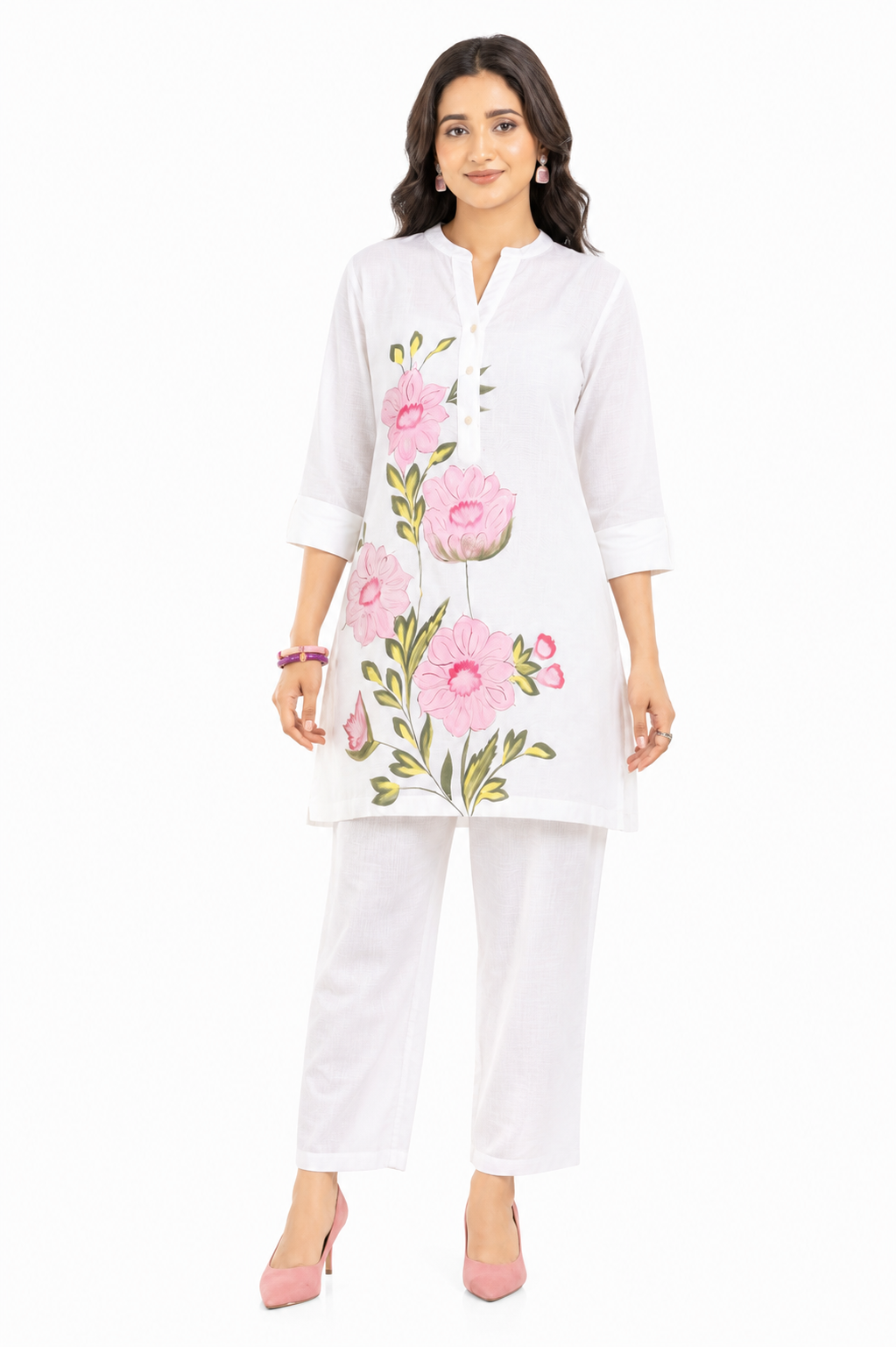 Women's White Cotton Slub Floral Printed Co-Ord Set with Straight Pants
