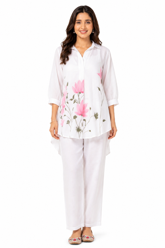 Women's White Floral Print Cotton Slub Co-Ord Set