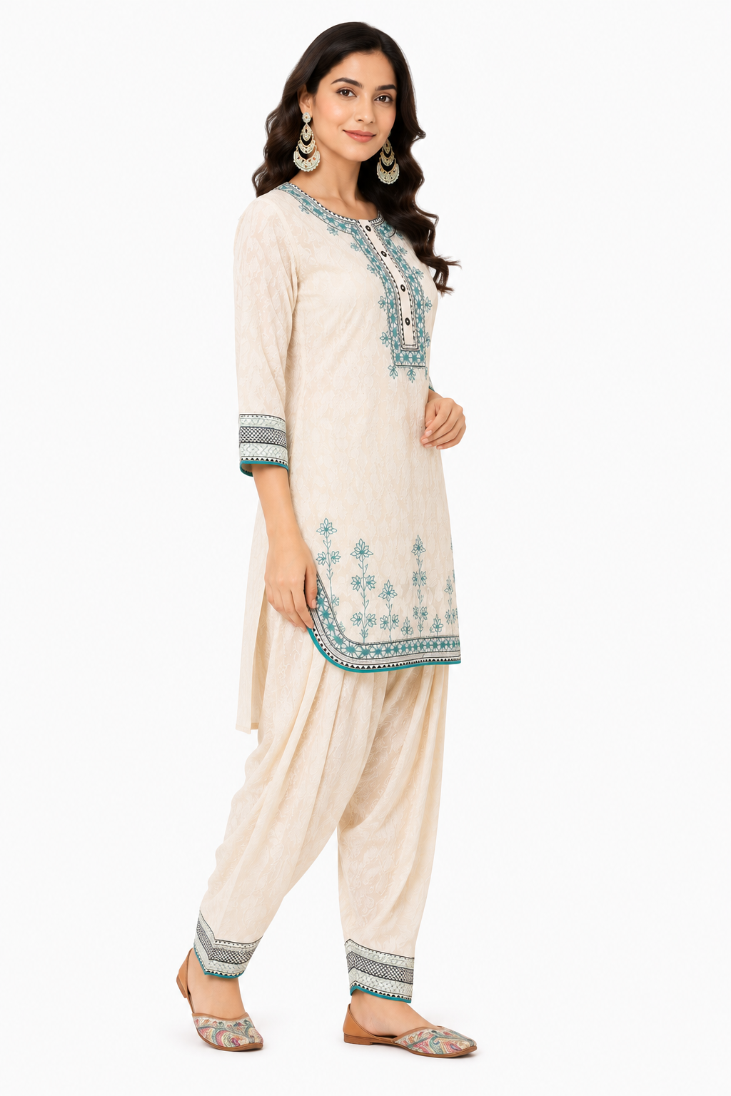 Ivory White Teal Embroidered Cotton Co-Ord Set for Women | Premium Cotton Kurta with Patiala