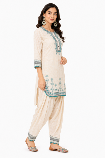 Ivory White Teal Embroidered Cotton Co-Ord Set for Women | Premium Cotton Kurta with Patiala
