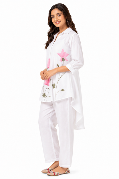 Women's White Floral Print Cotton Slub Co-Ord Set