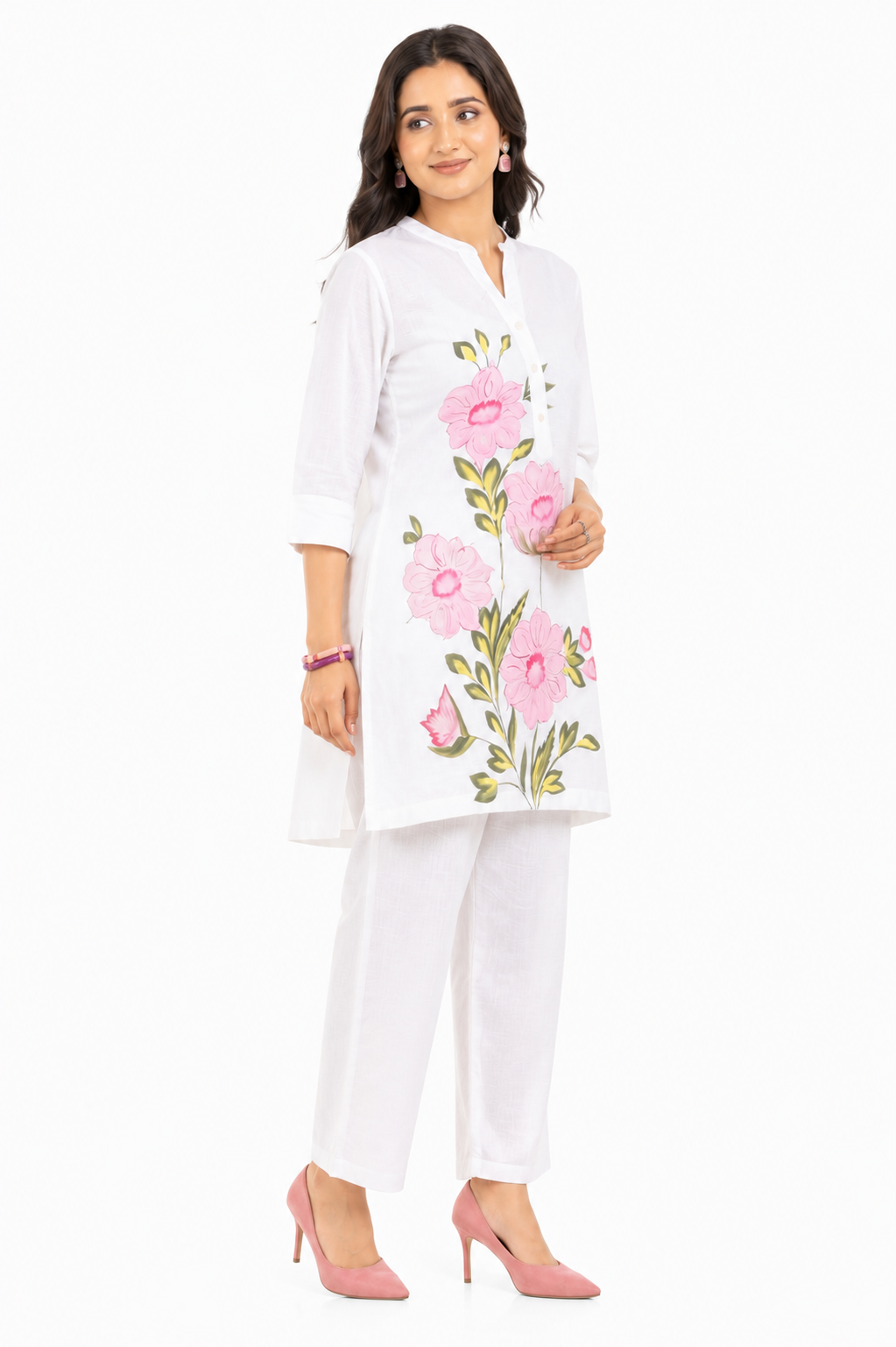Women's White Cotton Slub Floral Printed Co-Ord Set with Straight Pants
