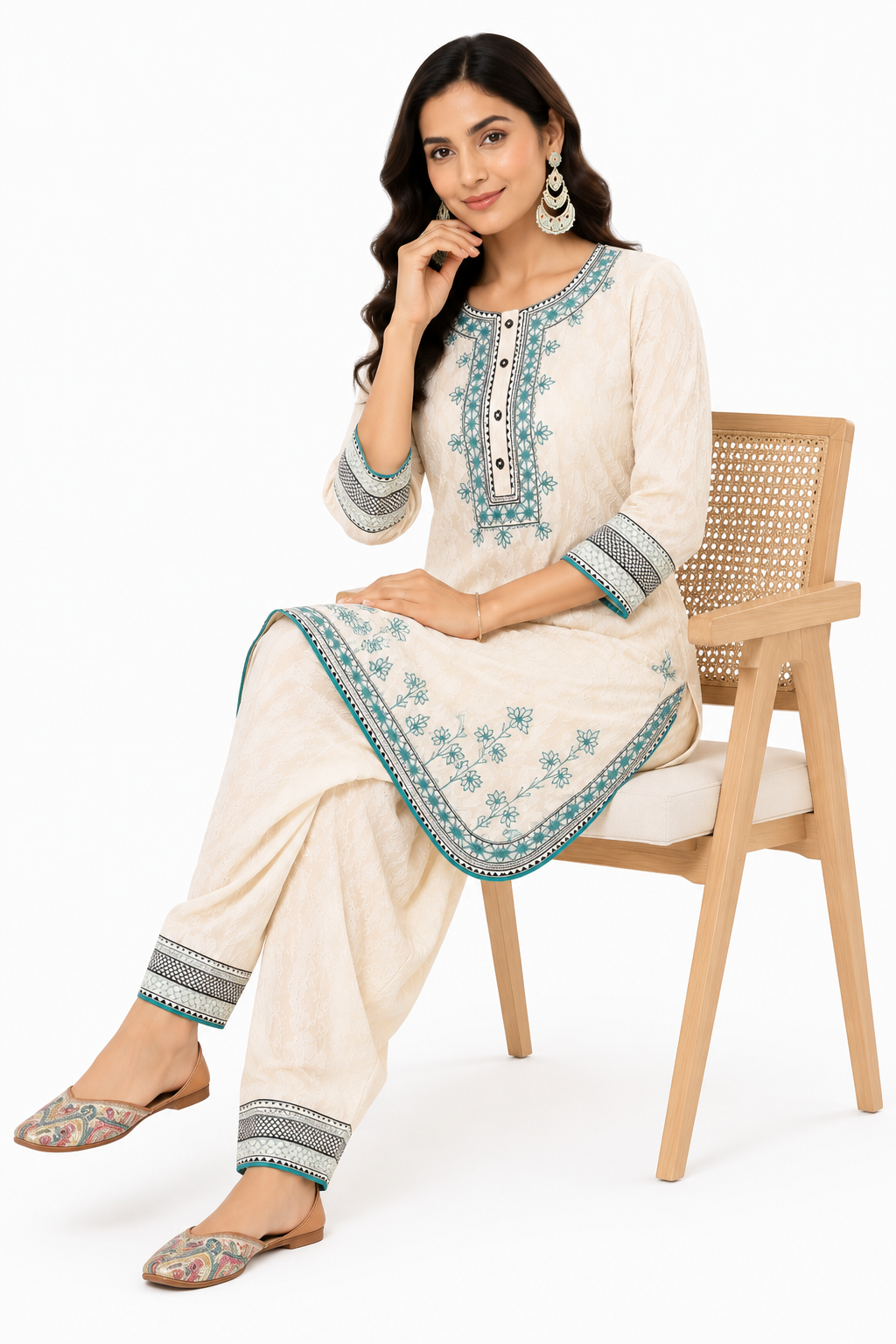 Ivory White Teal Embroidered Cotton Co-Ord Set for Women | Premium Cotton Kurta with Patiala