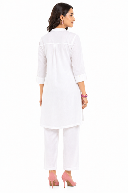 Women's White Cotton Slub Floral Printed Co-Ord Set with Straight Pants
