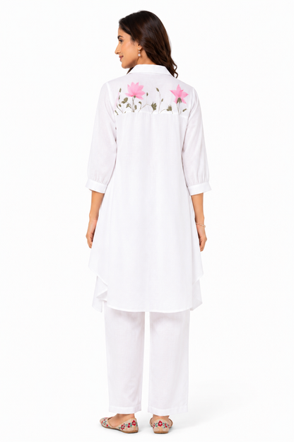 Women's White Floral Print Cotton Slub Co-Ord Set