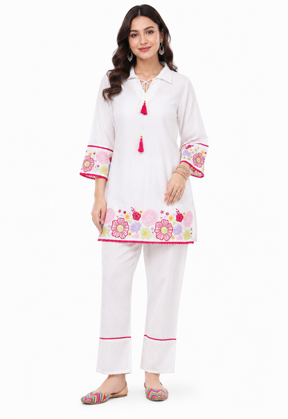 White Embroidered Cotton Co-Ord Set for Women | Floral Cotton Top & Pant Set