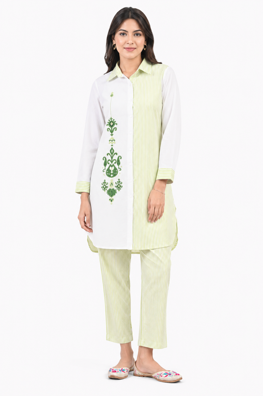 Women's White & Light Green Cotton Co-Ord Set with Embroidery and Striped Pants