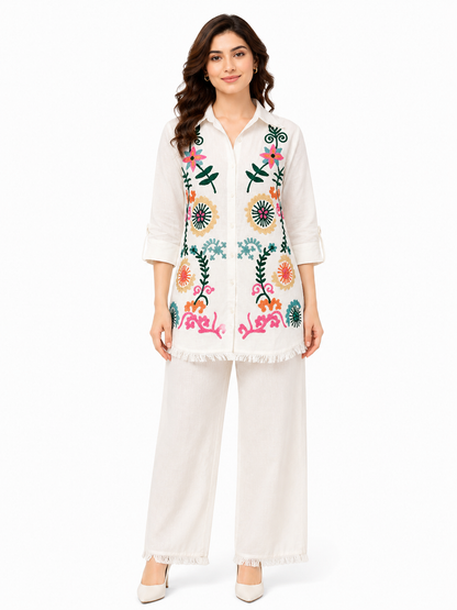 Women's White Embroidered Cotton Co-Ord Set