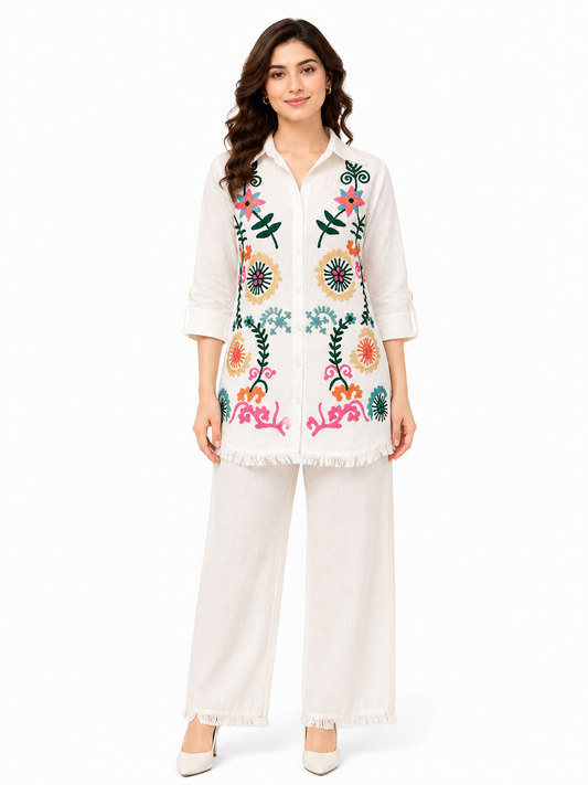 Women's White Embroidered Cotton Co-Ord Set