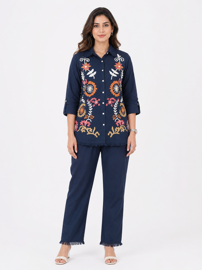 Women's Navy Blue Embroidered Cotton Co-Ord Set with Straight Pants