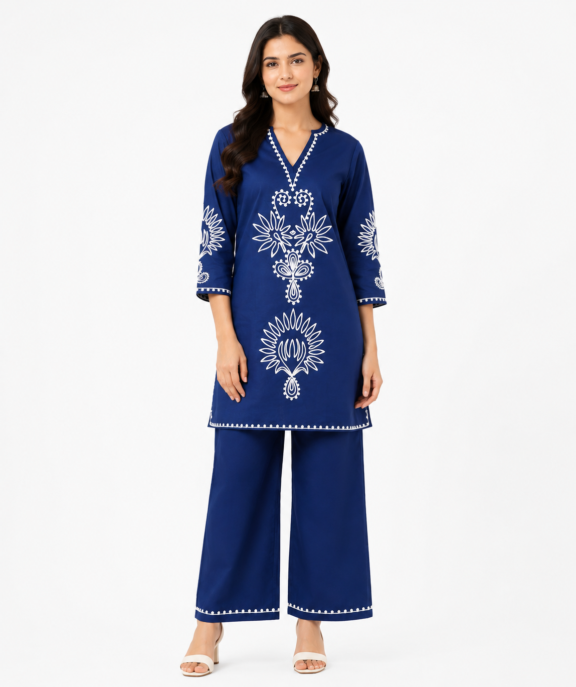 Royal Blue Embroidered Cotton Co-Ord Set for Women | Premium Cotton Kurta & Palazzo Set