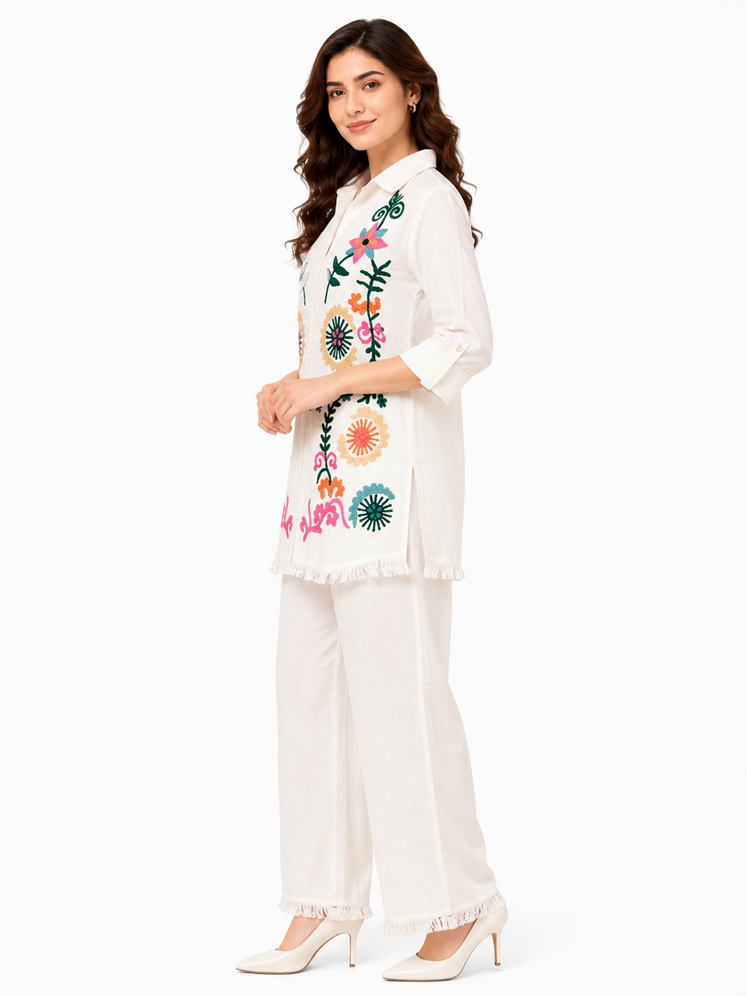 Women's White Embroidered Cotton Co-Ord Set