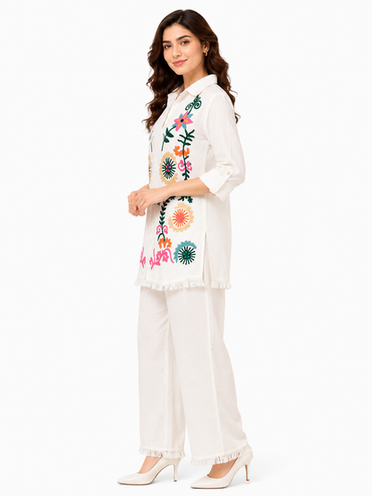 Women's White Embroidered Cotton Co-Ord Set
