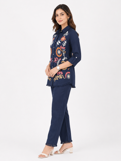 Women's Navy Blue Embroidered Cotton Co-Ord Set with Straight Pants