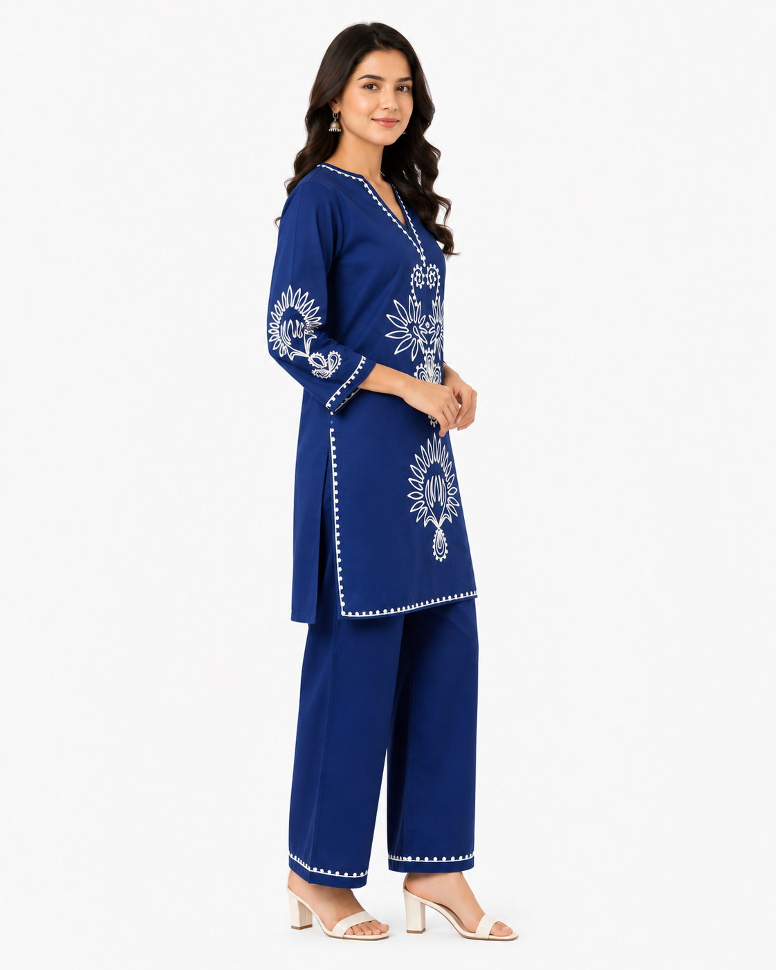 Royal Blue Embroidered Cotton Co-Ord Set for Women | Premium Cotton Kurta & Palazzo Set