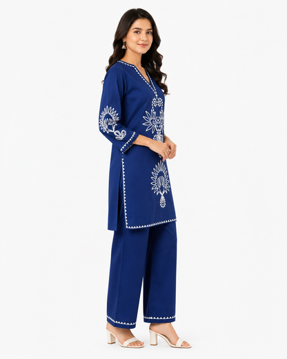 Royal Blue Embroidered Cotton Co-Ord Set for Women | Premium Cotton Kurta & Palazzo Set