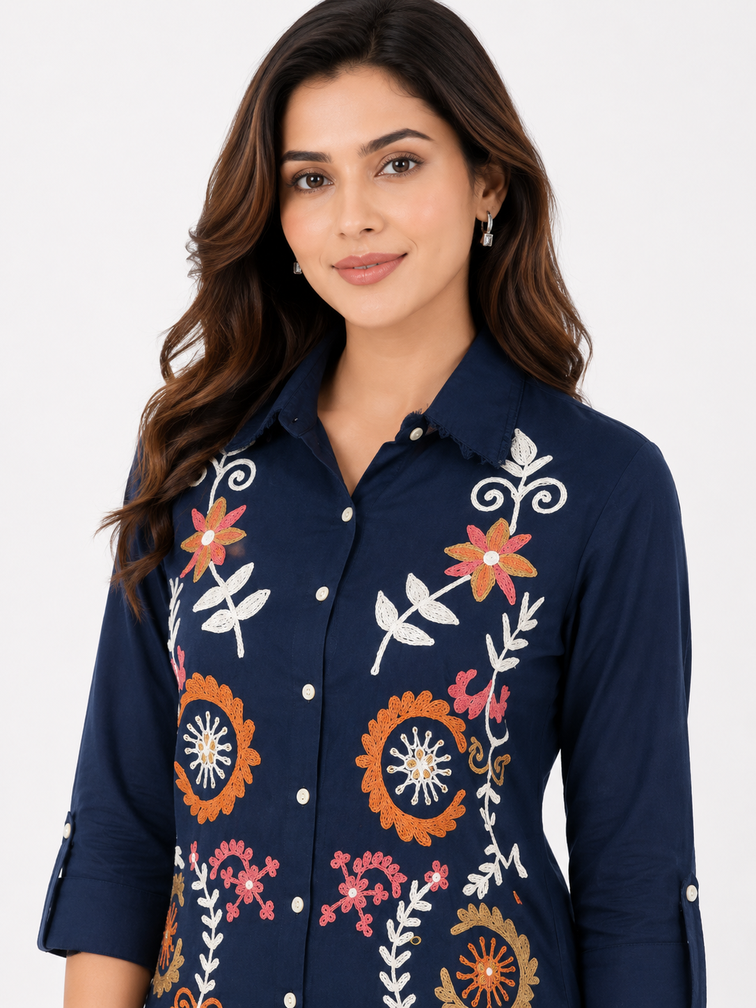 Women's Navy Blue Embroidered Cotton Co-Ord Set with Straight Pants