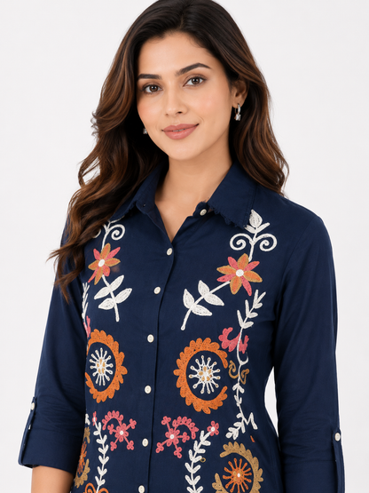 Women's Navy Blue Embroidered Cotton Co-Ord Set with Straight Pants