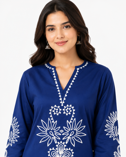 Royal Blue Embroidered Cotton Co-Ord Set for Women | Premium Cotton Kurta & Palazzo Set