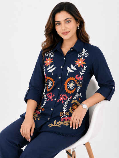 Women's Navy Blue Embroidered Cotton Co-Ord Set with Straight Pants