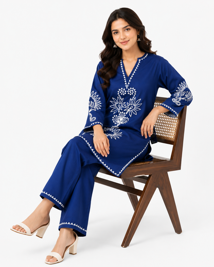Royal Blue Embroidered Cotton Co-Ord Set for Women | Premium Cotton Kurta & Palazzo Set