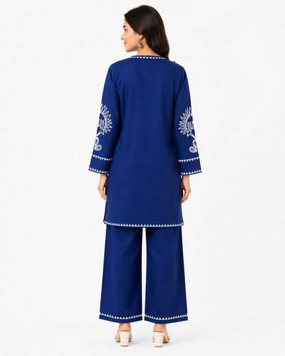 Royal Blue Embroidered Cotton Co-Ord Set for Women | Premium Cotton Kurta & Palazzo Set