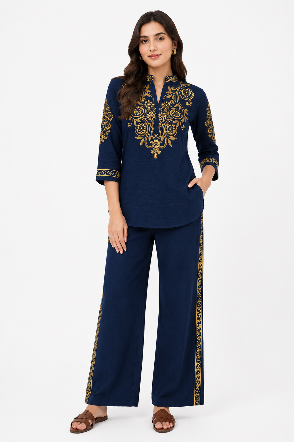 Midnight Blue Embroidered Co-Ord Set for Women | Premium Gold Embroidered Palazzo Set