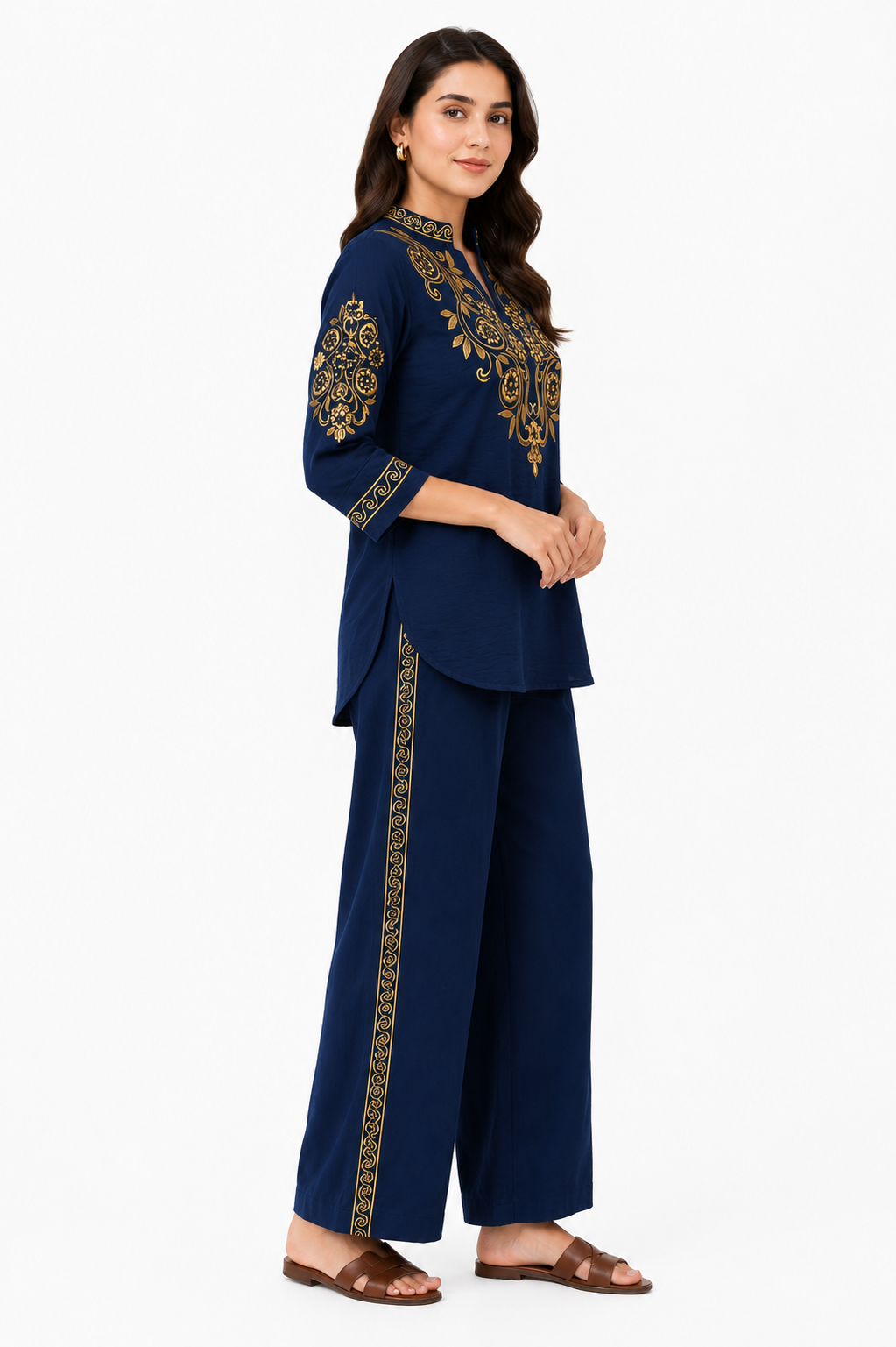Midnight Blue Embroidered Co-Ord Set for Women | Premium Gold Embroidered Palazzo Set