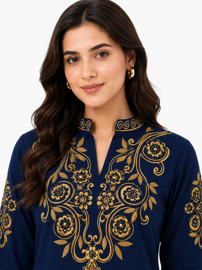 Midnight Blue Embroidered Co-Ord Set for Women | Premium Gold Embroidered Palazzo Set