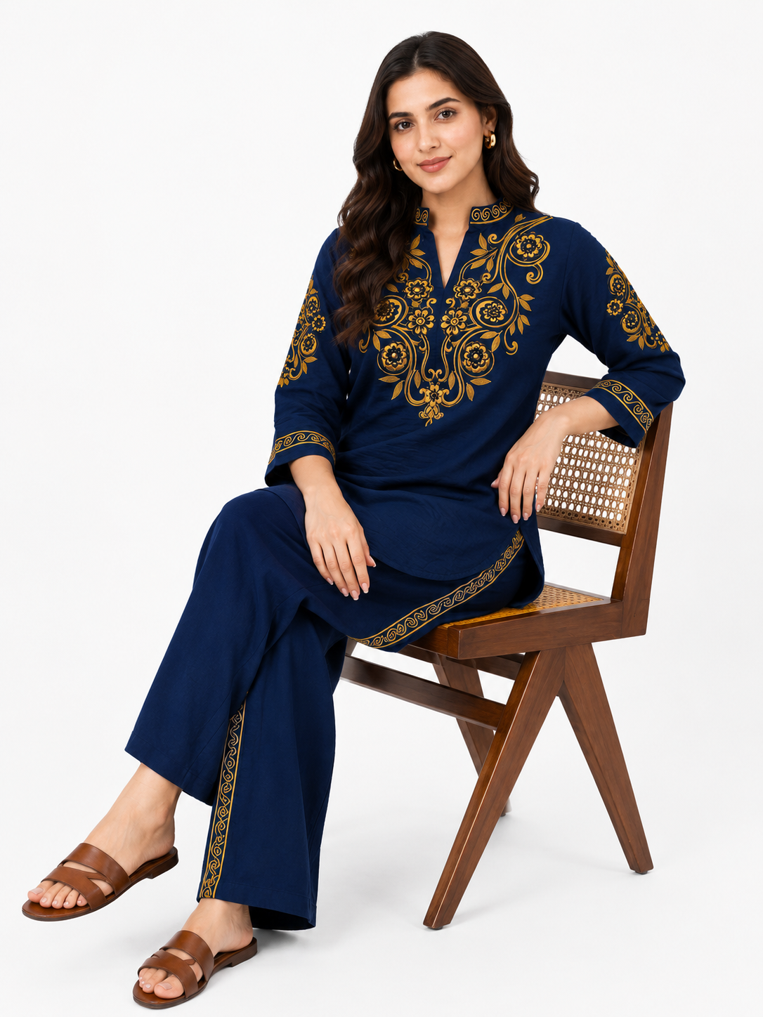 Midnight Blue Embroidered Co-Ord Set for Women | Premium Gold Embroidered Palazzo Set