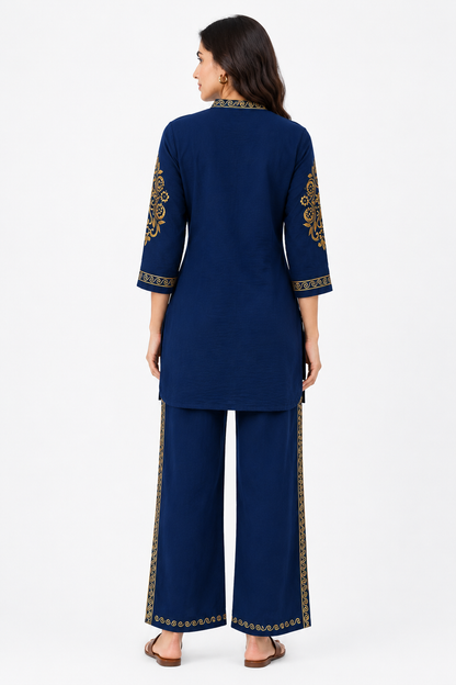 Midnight Blue Embroidered Co-Ord Set for Women | Premium Gold Embroidered Palazzo Set