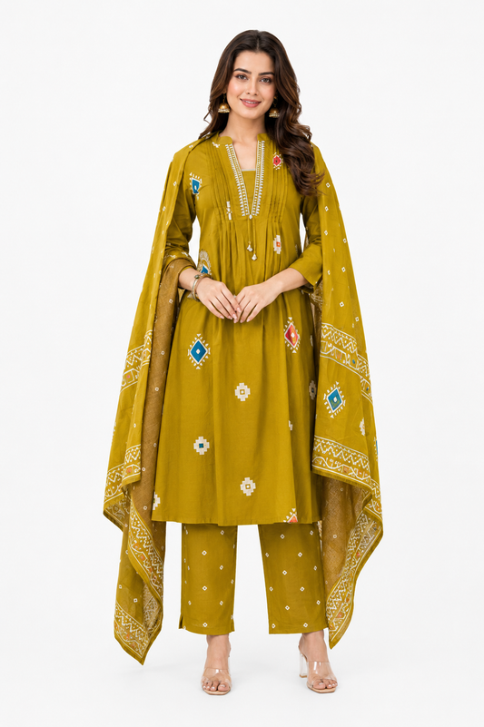 Mustard Printed Cotton Suit Set with Dupatta for Women | Ethnic Cotton Kurta Pant Set