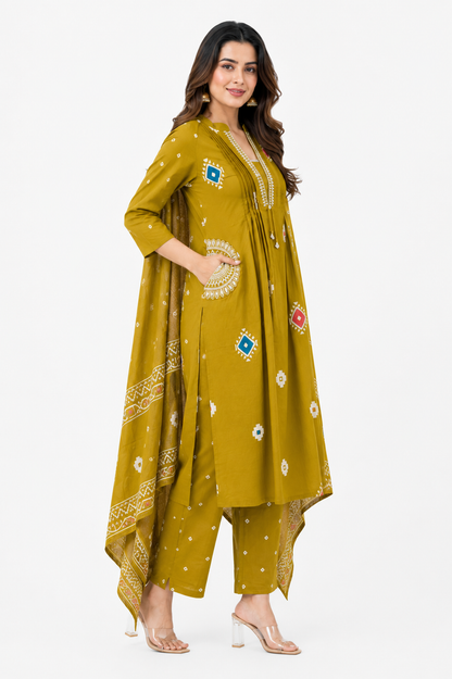 Mustard Printed Cotton Suit Set with Dupatta for Women | Ethnic Cotton Kurta Pant Set