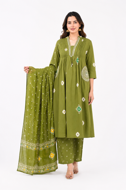 Women's Olive Green Cotton Printed Kurta Set with Dupatta