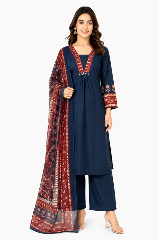 Women's Navy Blue Printed Kurta Set with Dupatta