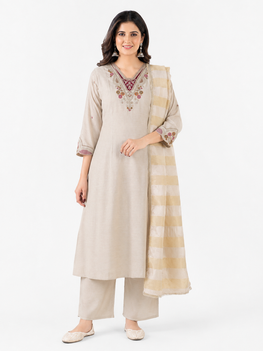 Women's Beige Embroidered Kurta Pant Set with Organza Dupatta