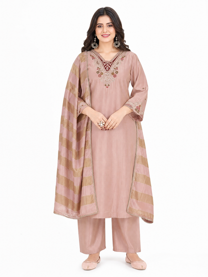 Women's Dusty Pink Embroidered Kurta Set with Striped Dupatta
