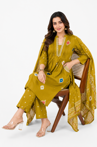 Mustard Printed Cotton Suit Set with Dupatta for Women | Ethnic Cotton Kurta Pant Set