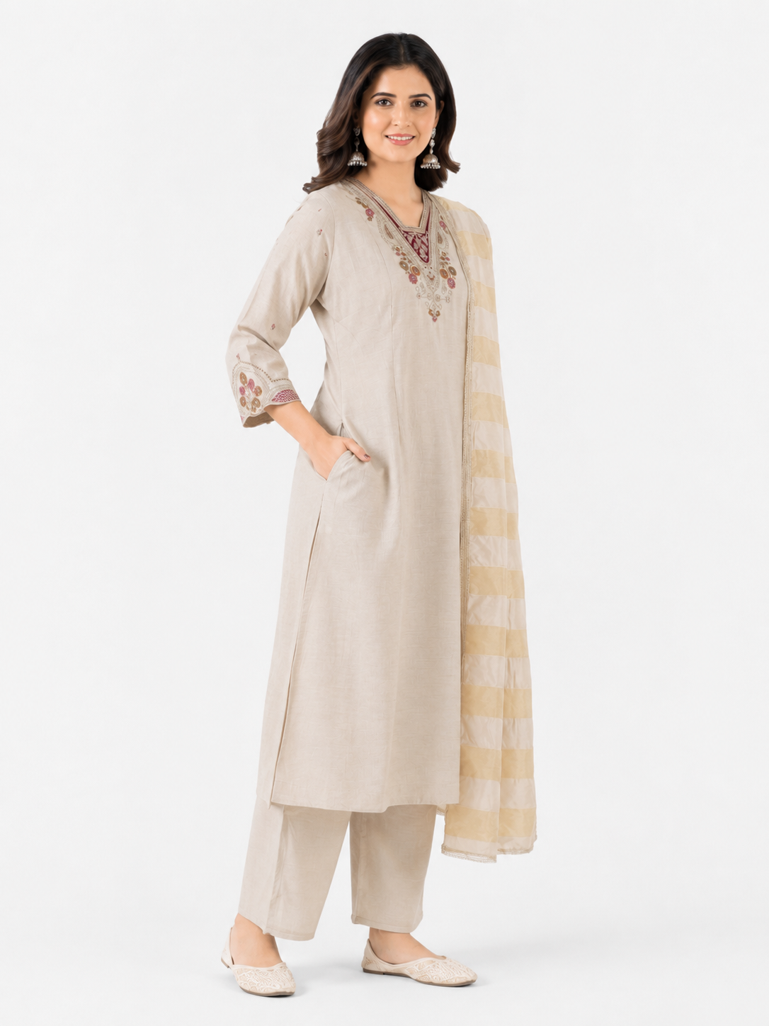 Women's Beige Embroidered Kurta Pant Set with Organza Dupatta