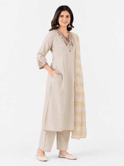 Women's Beige Embroidered Kurta Pant Set with Organza Dupatta