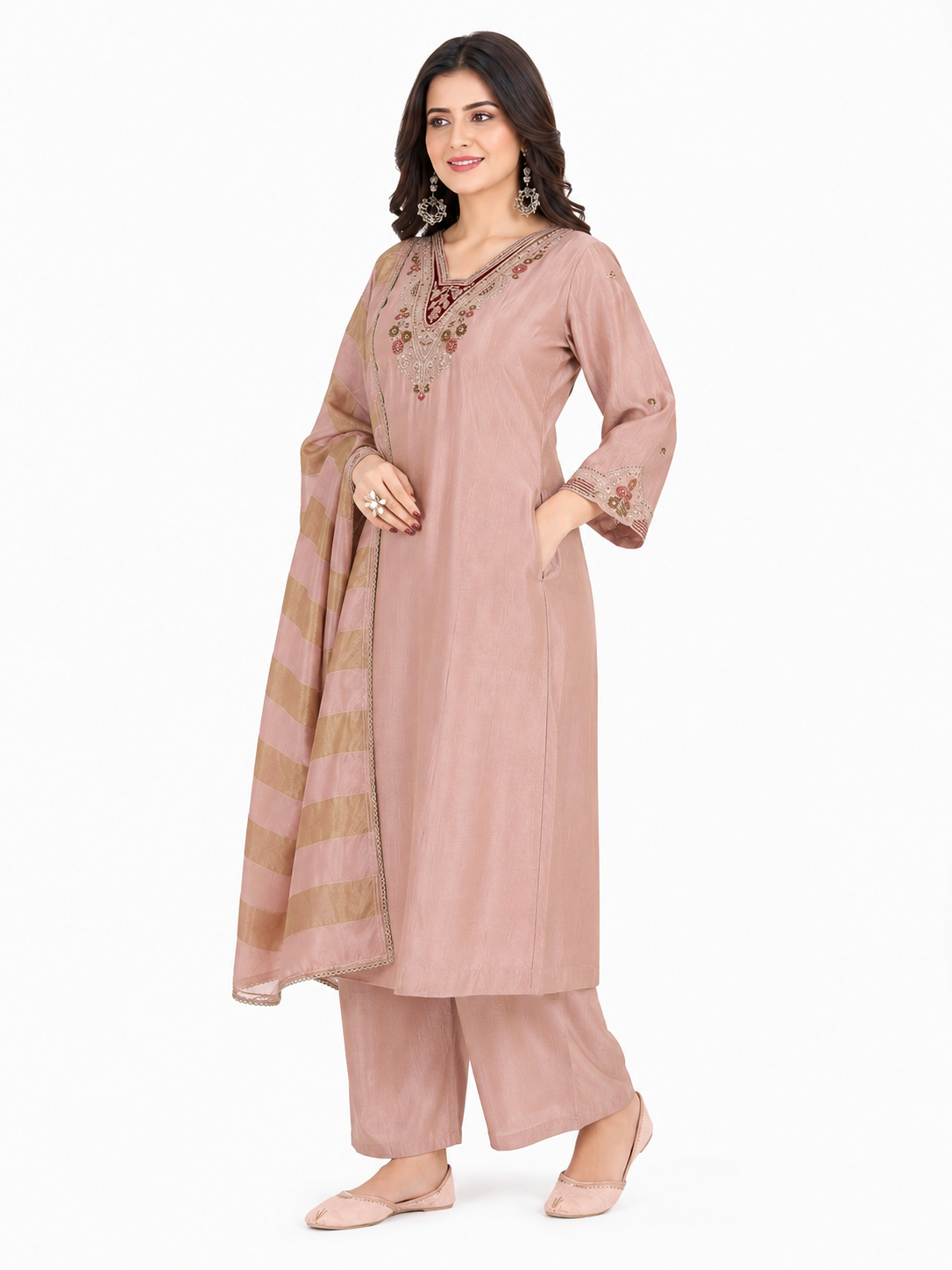 Women's Dusty Pink Embroidered Kurta Set with Striped Dupatta