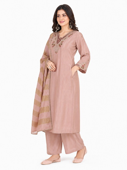 Women's Dusty Pink Embroidered Kurta Set with Striped Dupatta