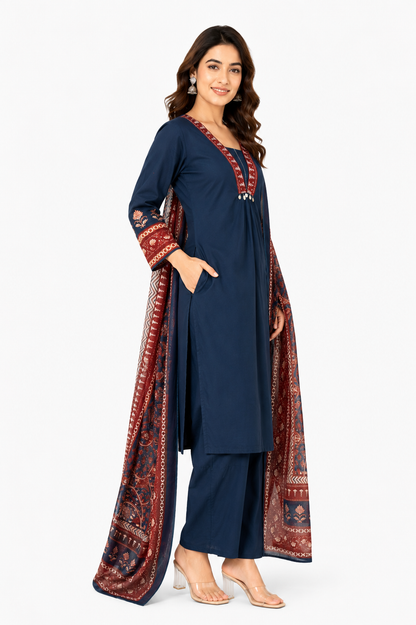 Women's Navy Blue Printed Kurta Set with Dupatta