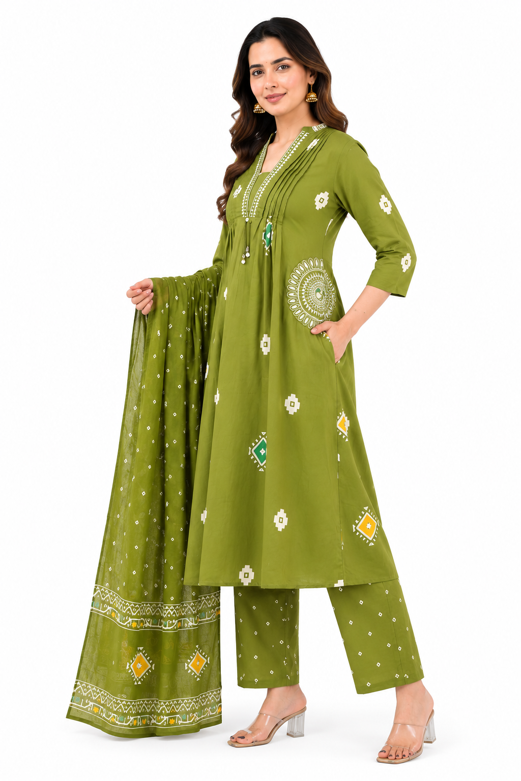 Women's Olive Green Cotton Printed Kurta Set with Dupatta