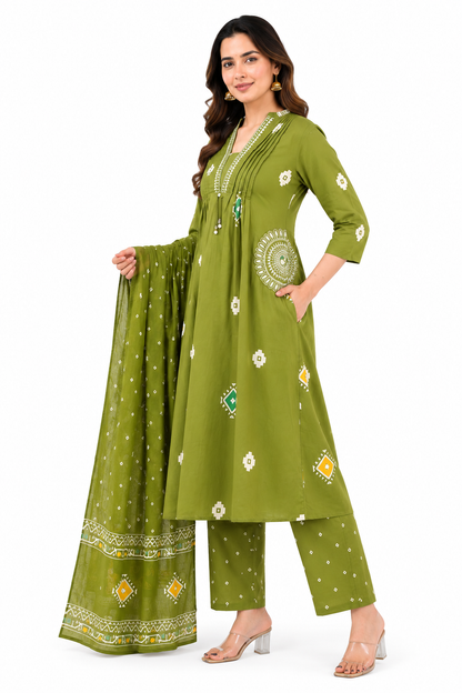 Women's Olive Green Cotton Printed Kurta Set with Dupatta