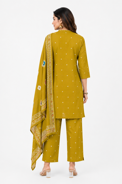 Mustard Printed Cotton Suit Set with Dupatta for Women | Ethnic Cotton Kurta Pant Set