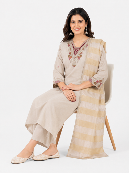 Women's Beige Embroidered Kurta Pant Set with Organza Dupatta